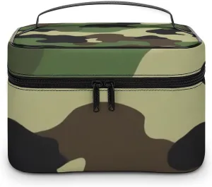 Portable Makeup Bag for Women, Travel Large Cosmetics Toiletry Storage Bag Green Camouflage Army Camo Makeup Organizer Case with Handle
