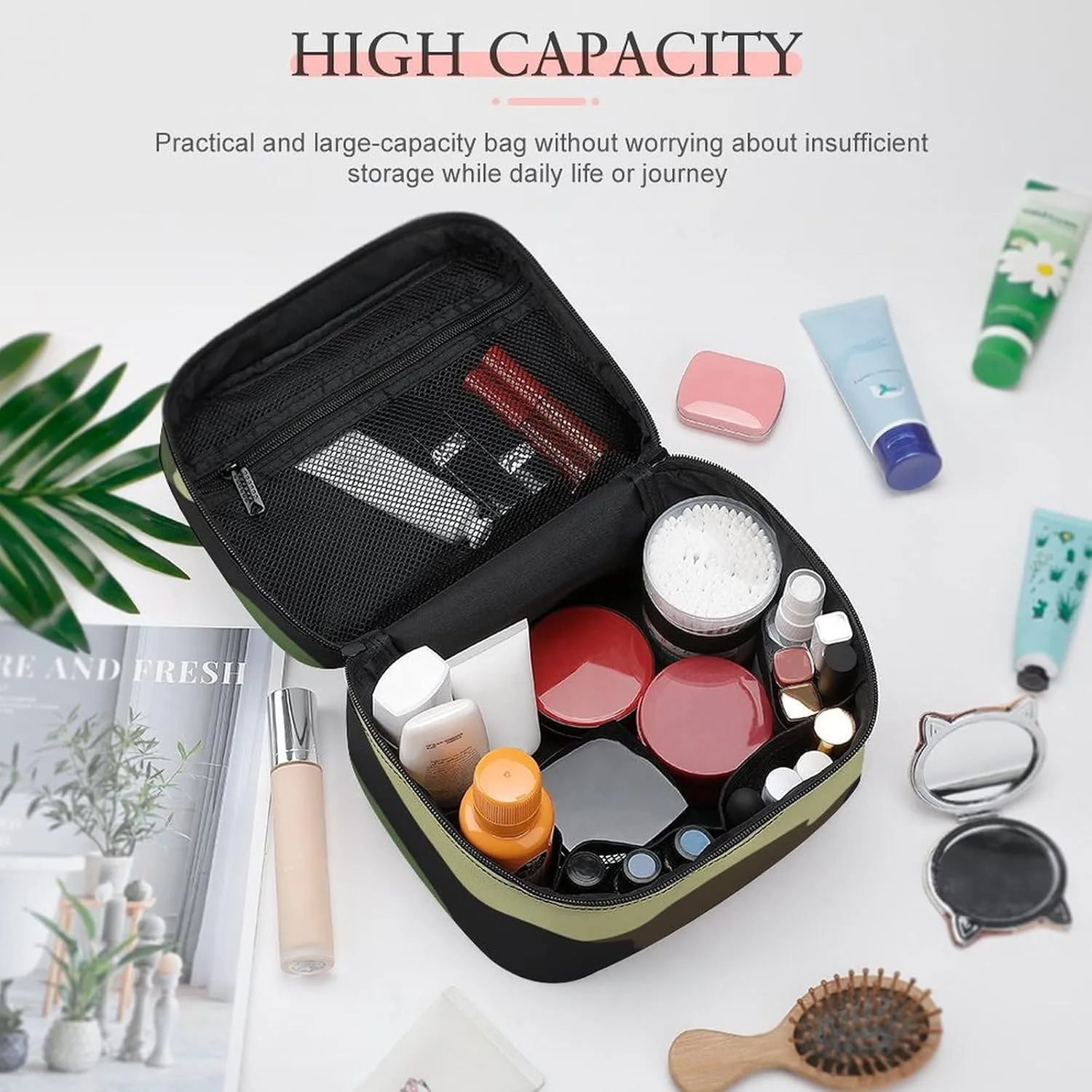 Portable Makeup Bag for Women, Travel Large Cosmetics Toiletry Storage Bag Green Camouflage Army Camo Makeup Organizer Case with Handle