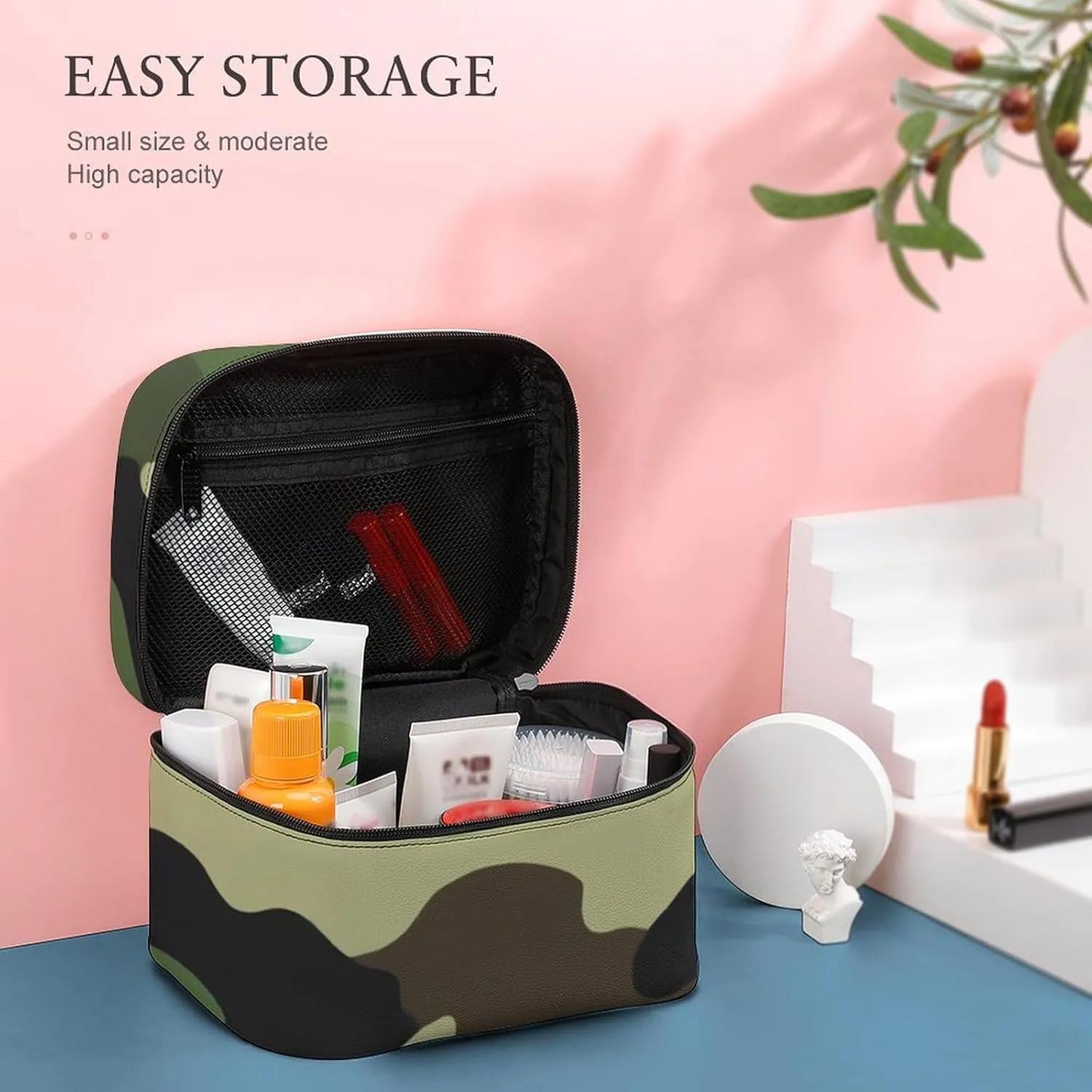 Portable Makeup Bag for Women, Travel Large Cosmetics Toiletry Storage Bag Green Camouflage Army Camo Makeup Organizer Case with Handle