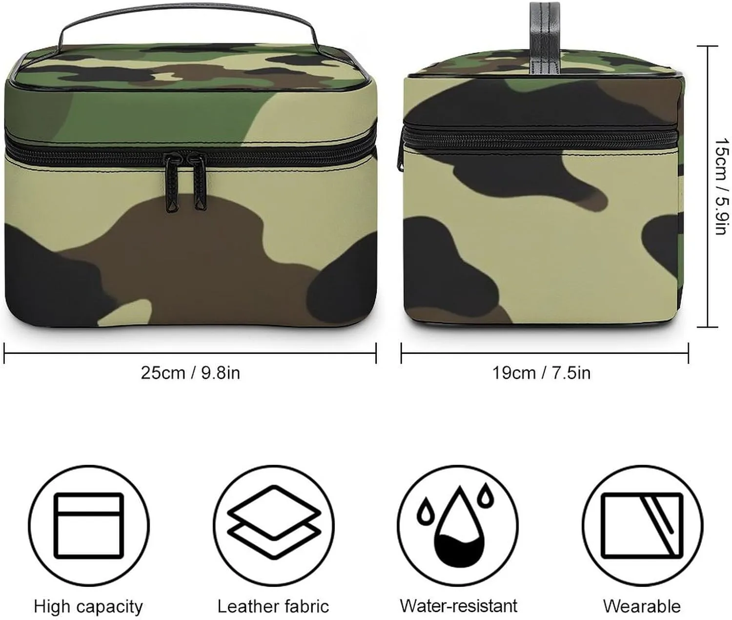 Portable Makeup Bag for Women, Travel Large Cosmetics Toiletry Storage Bag Green Camouflage Army Camo Makeup Organizer Case with Handle
