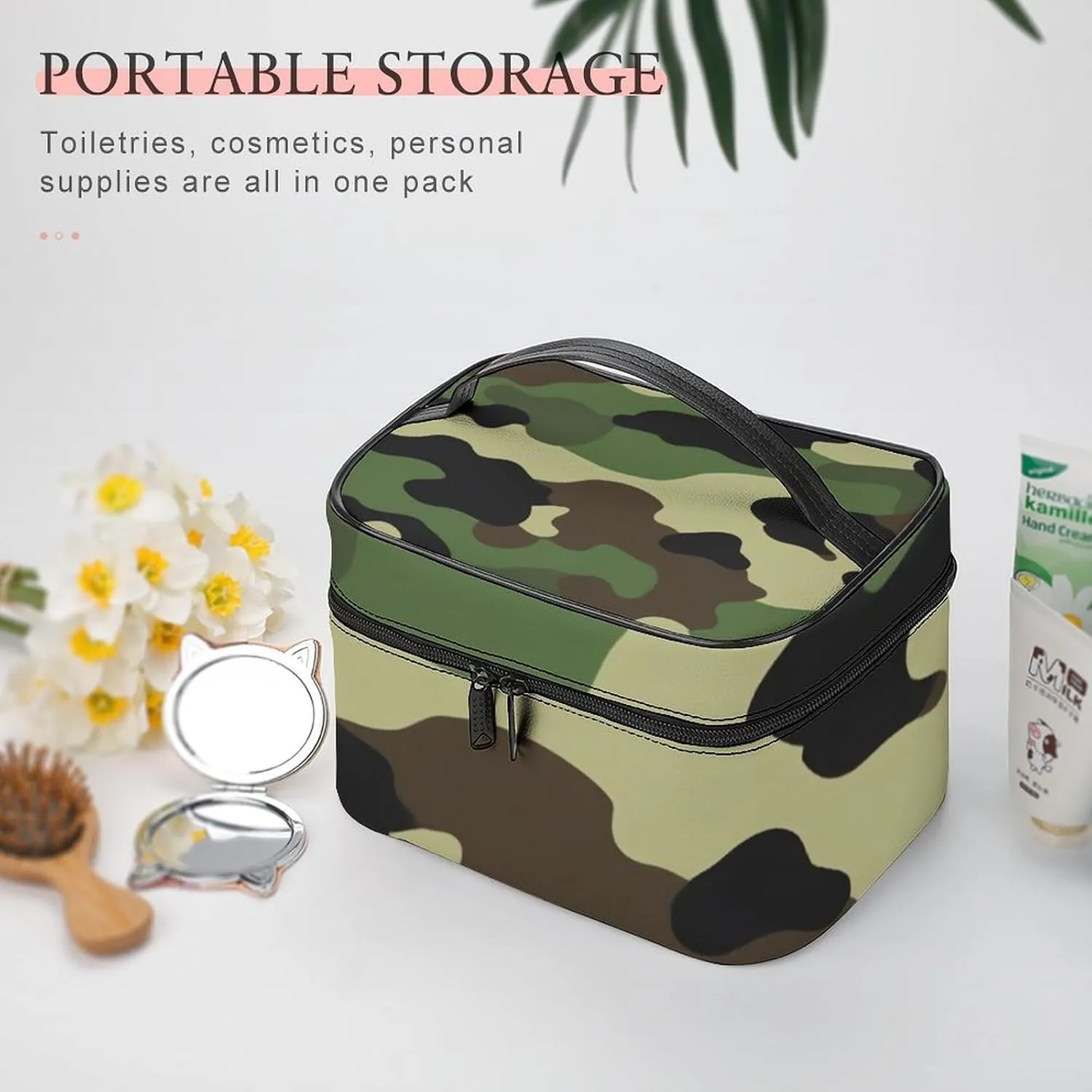 Portable Makeup Bag for Women, Travel Large Cosmetics Toiletry Storage Bag Green Camouflage Army Camo Makeup Organizer Case with Handle