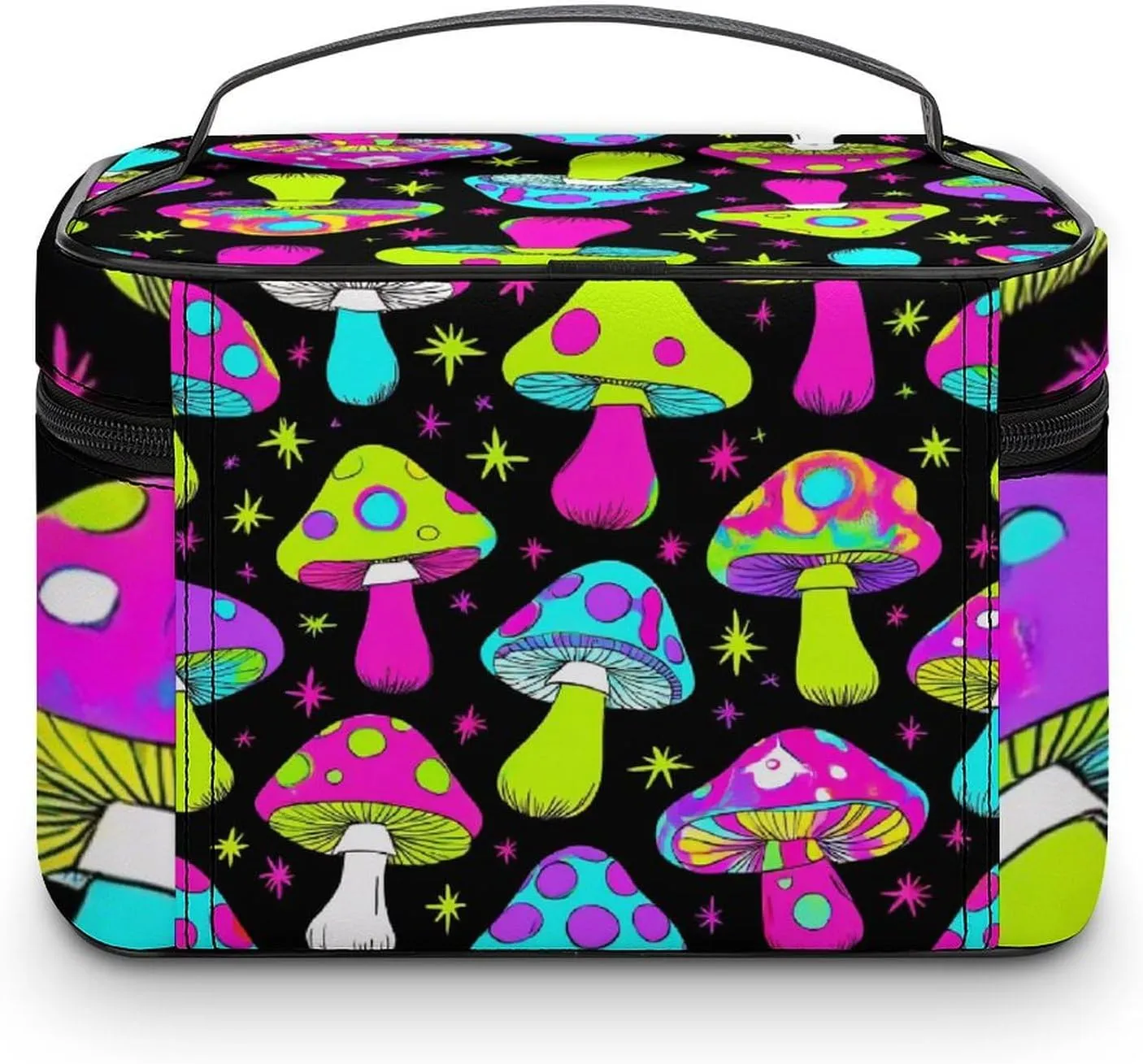 Portable Makeup Bag for Women, Travel Large Cosmetics Toiletry Storage Bag Trippy Magic Neon Mushrooms Makeup Organizer Case with Handle