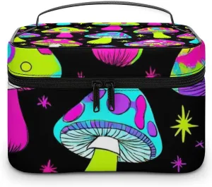 Portable Makeup Bag for Women, Travel Large Cosmetics Toiletry Storage Bag Trippy Magic Neon Mushrooms Makeup Organizer Case with Handle