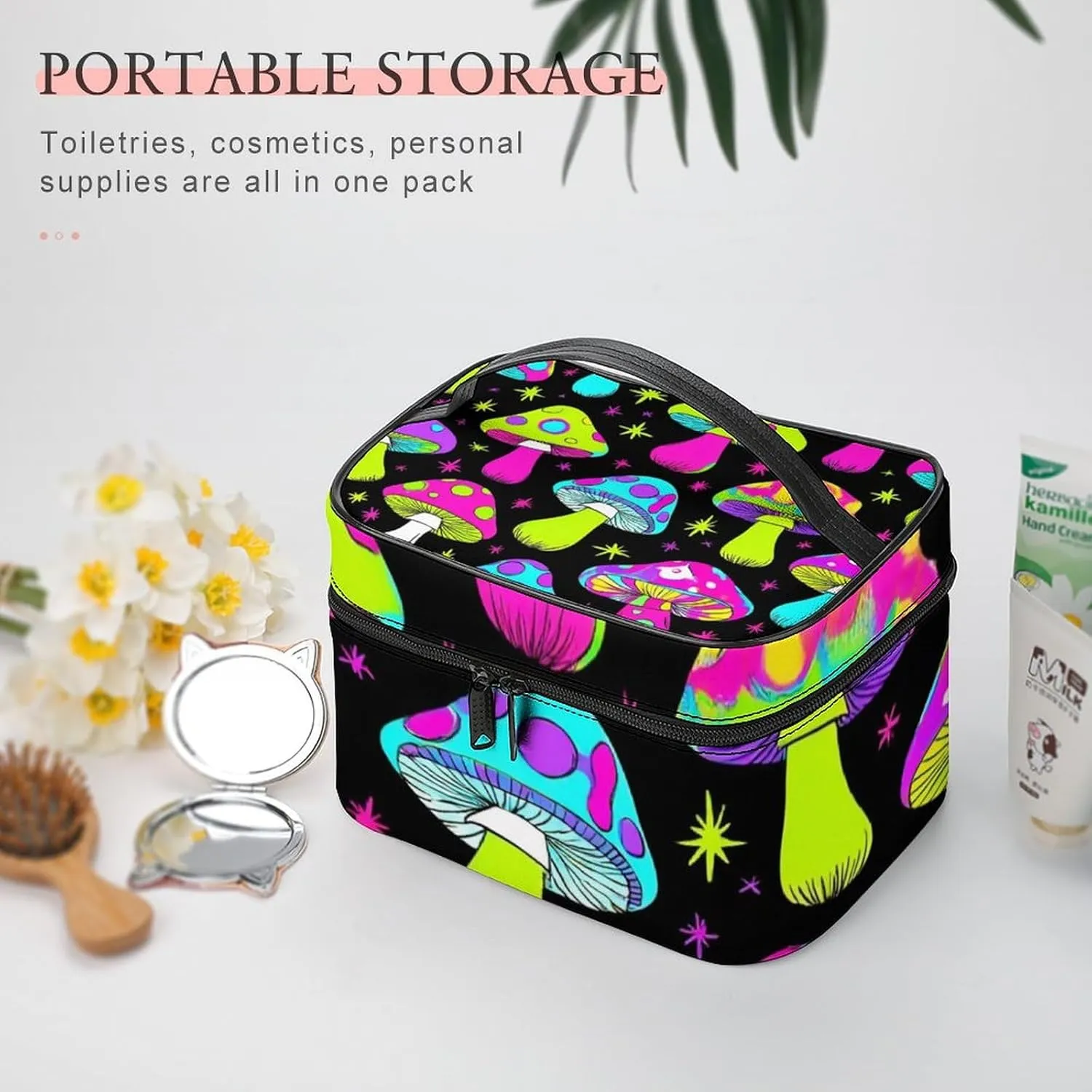 Portable Makeup Bag for Women, Travel Large Cosmetics Toiletry Storage Bag Trippy Magic Neon Mushrooms Makeup Organizer Case with Handle