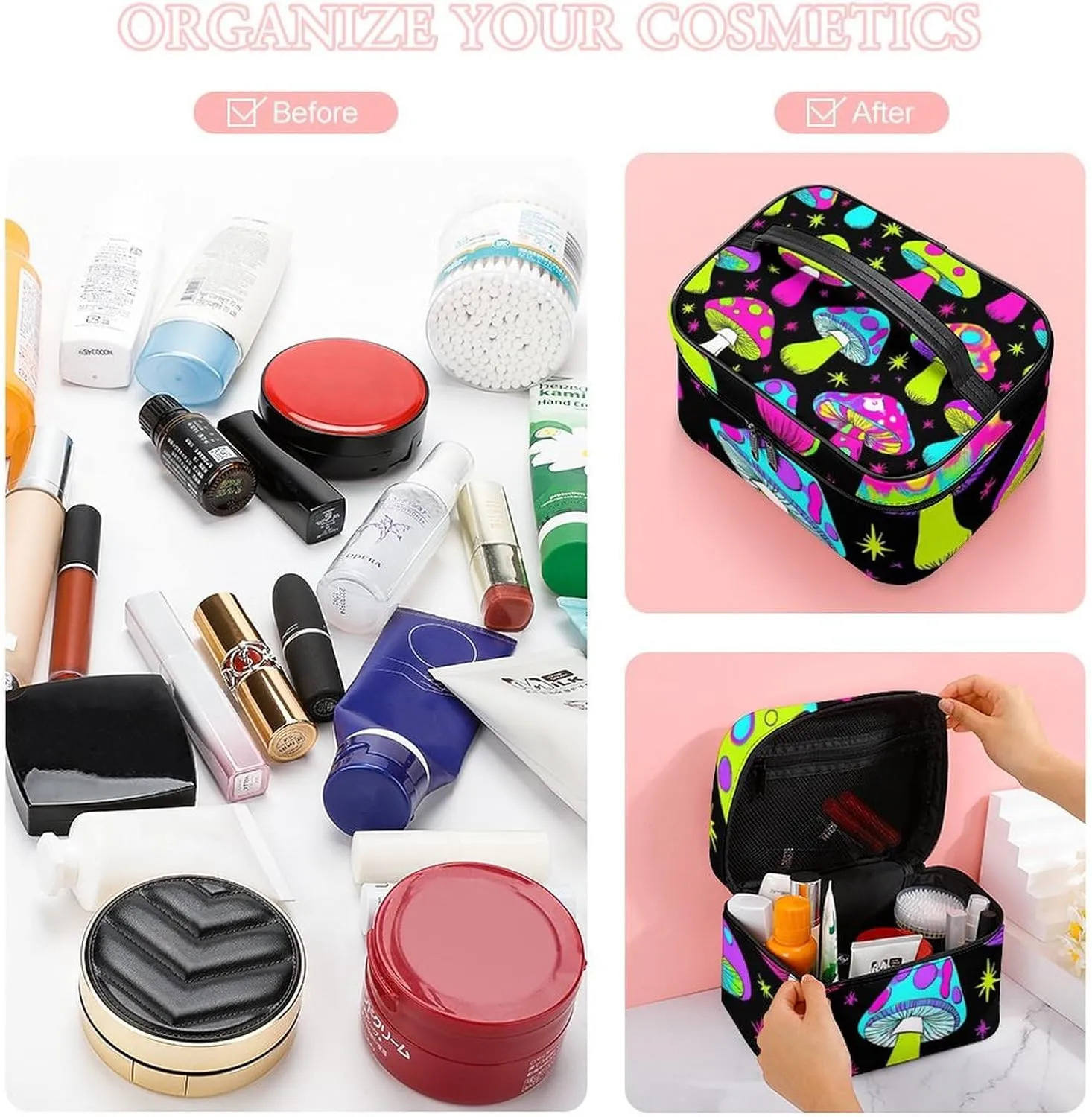 Portable Makeup Bag for Women, Travel Large Cosmetics Toiletry Storage Bag Trippy Magic Neon Mushrooms Makeup Organizer Case with Handle