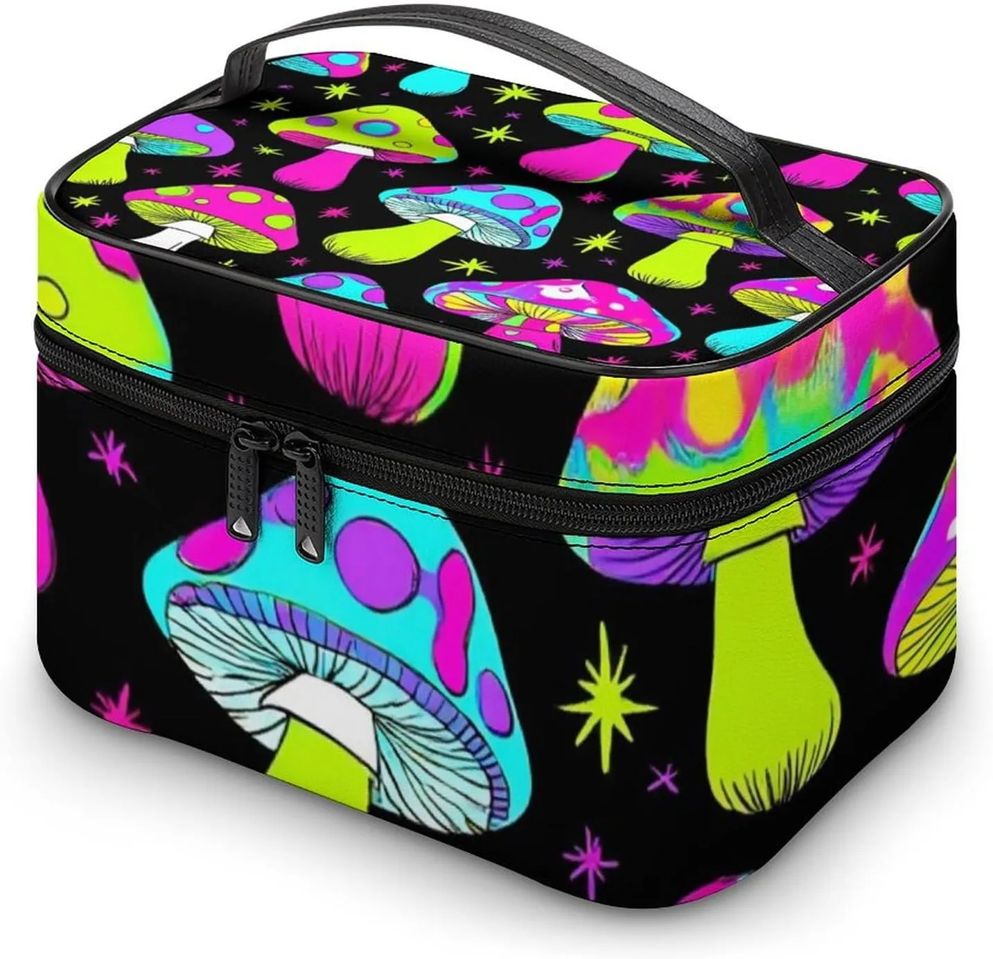 Portable Makeup Bag for Women, Travel Large Cosmetics Toiletry Storage Bag Trippy Magic Neon Mushrooms Makeup Organizer Case with Handle