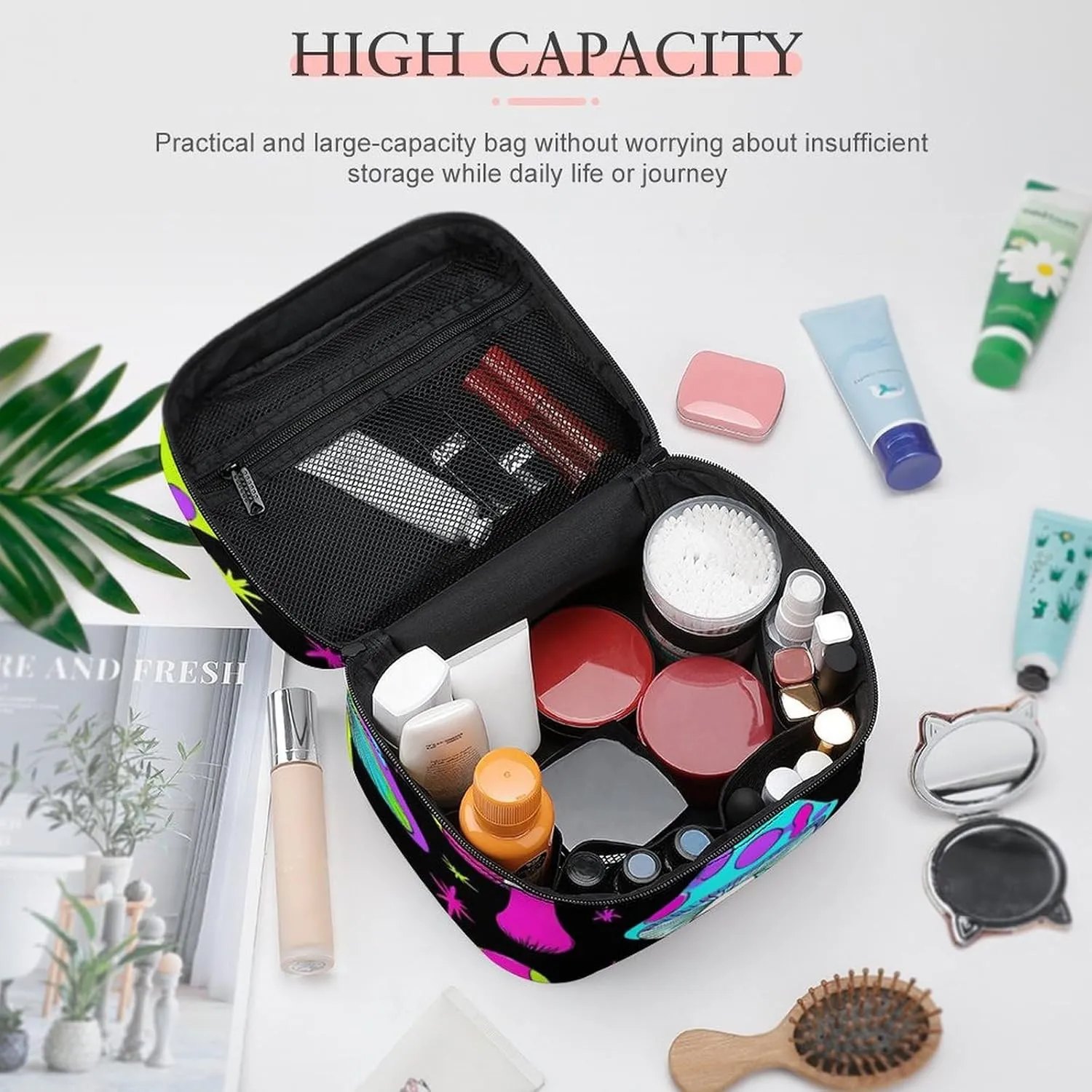 Portable Makeup Bag for Women, Travel Large Cosmetics Toiletry Storage Bag Trippy Magic Neon Mushrooms Makeup Organizer Case with Handle