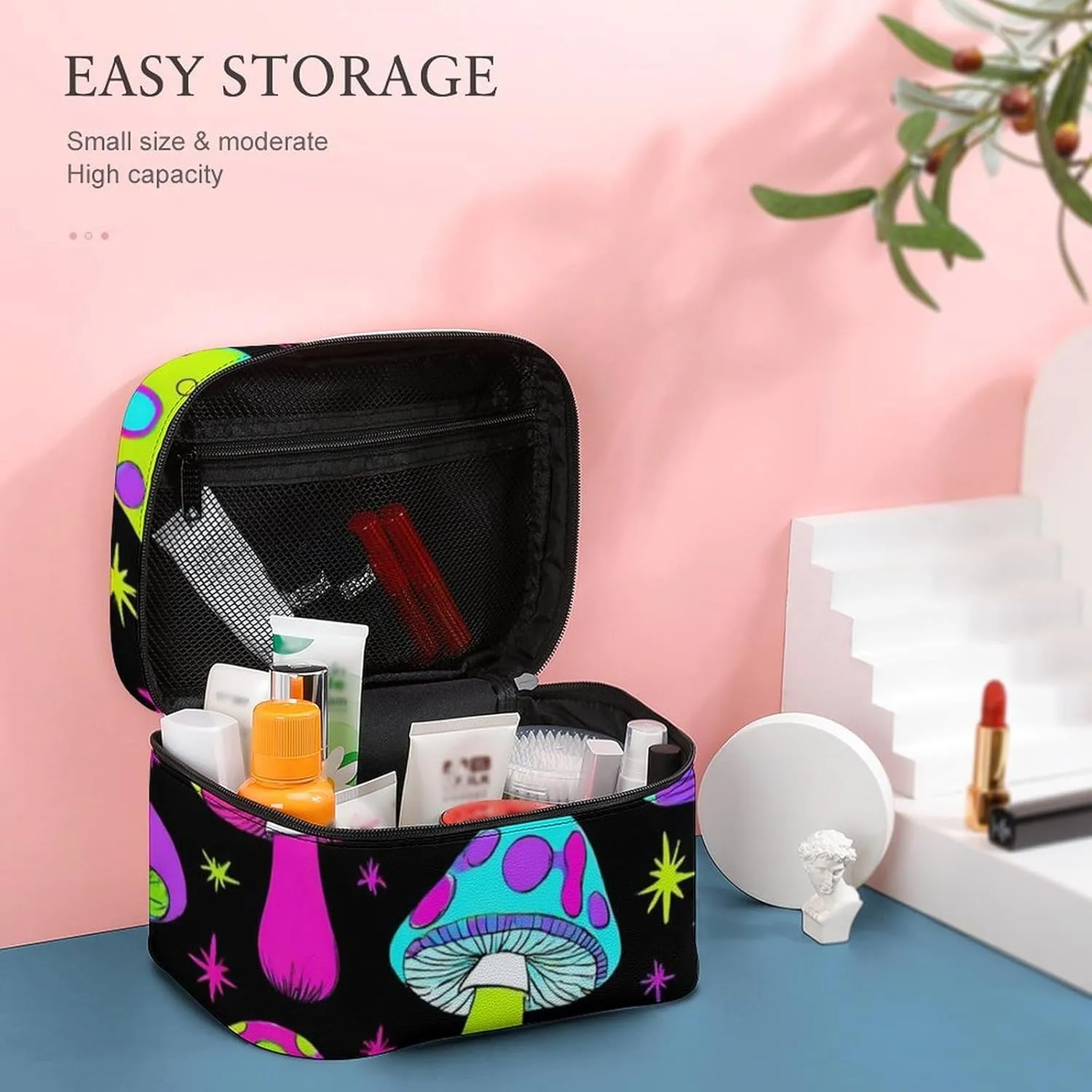 Portable Makeup Bag for Women, Travel Large Cosmetics Toiletry Storage Bag Trippy Magic Neon Mushrooms Makeup Organizer Case with Handle