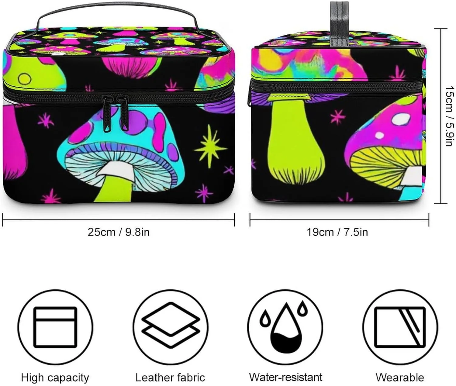Portable Makeup Bag for Women, Travel Large Cosmetics Toiletry Storage Bag Trippy Magic Neon Mushrooms Makeup Organizer Case with Handle