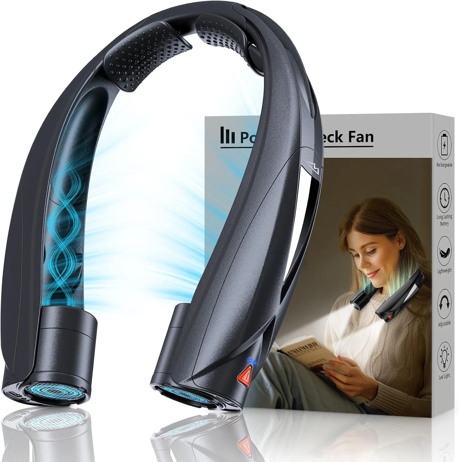 Portable Neck Fan - with LED Book Light, 6-20 Hrs Long Battery, 6-Speed Adjustable, USB-C Rechargeable, Ultra Quiet, Hands-Free Personal Cooling for Men Women Outdoor Indoor