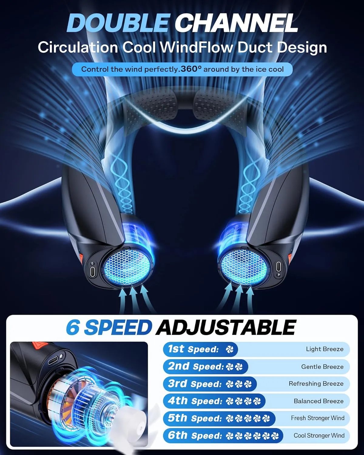 Portable Neck Fan - with LED Book Light, 6-20 Hrs Long Battery, 6-Speed Adjustable, USB-C Rechargeable, Ultra Quiet, Hands-Free Personal Cooling for Men Women Outdoor Indoor