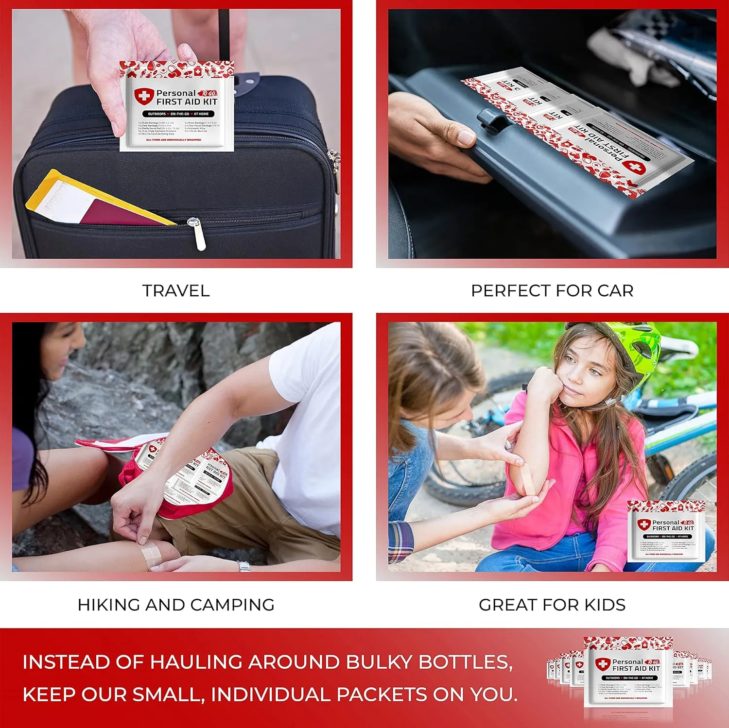 Portable Travel Size First Aid Kit - 10 Pack | Perfect for Home, Office, Car, School, Business, Travel, Hiking, Hunting, and Outdoors | Individually Wrapped First Aid Products (Red)