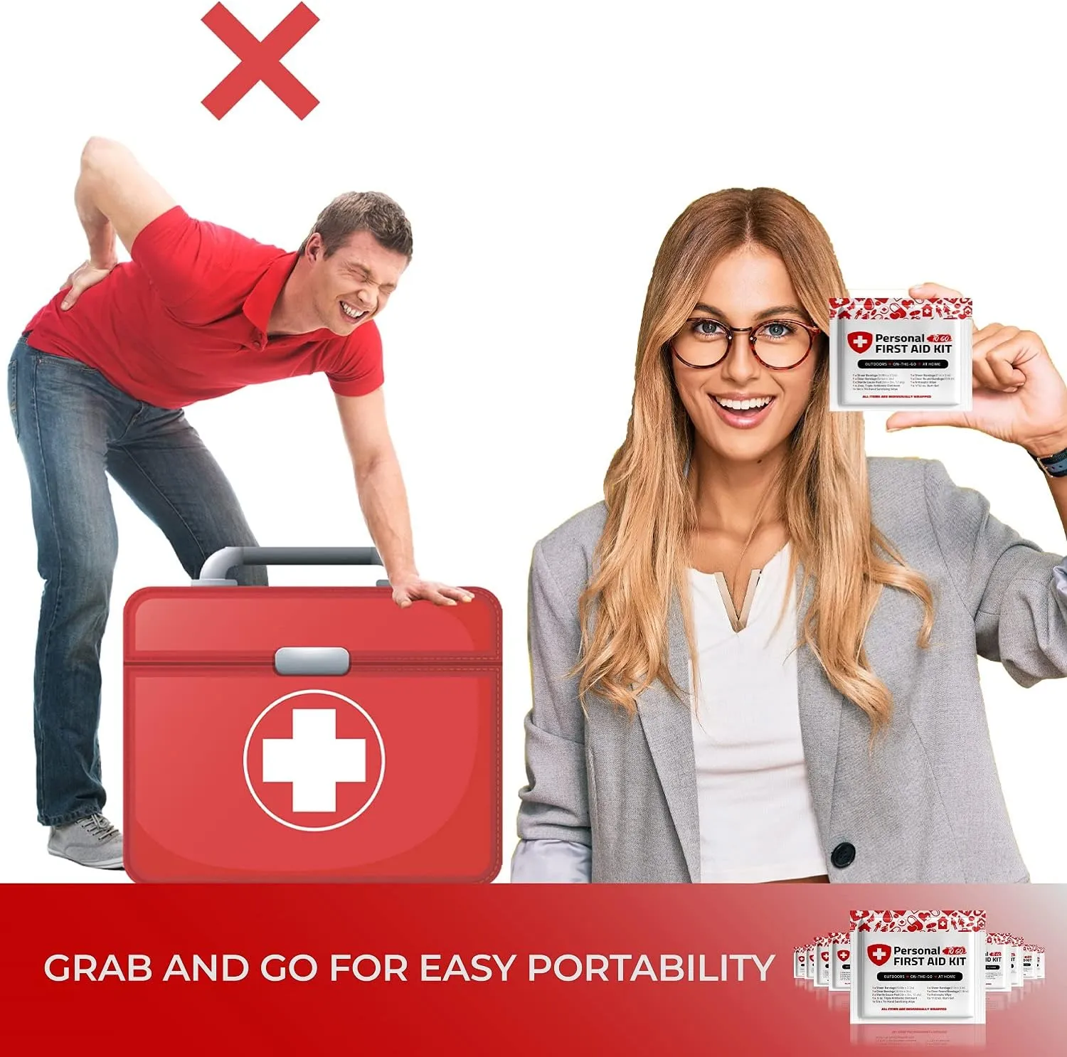 Portable Travel Size First Aid Kit - 10 Pack | Perfect for Home, Office, Car, School, Business, Travel, Hiking, Hunting, and Outdoors | Individually Wrapped First Aid Products (Red)