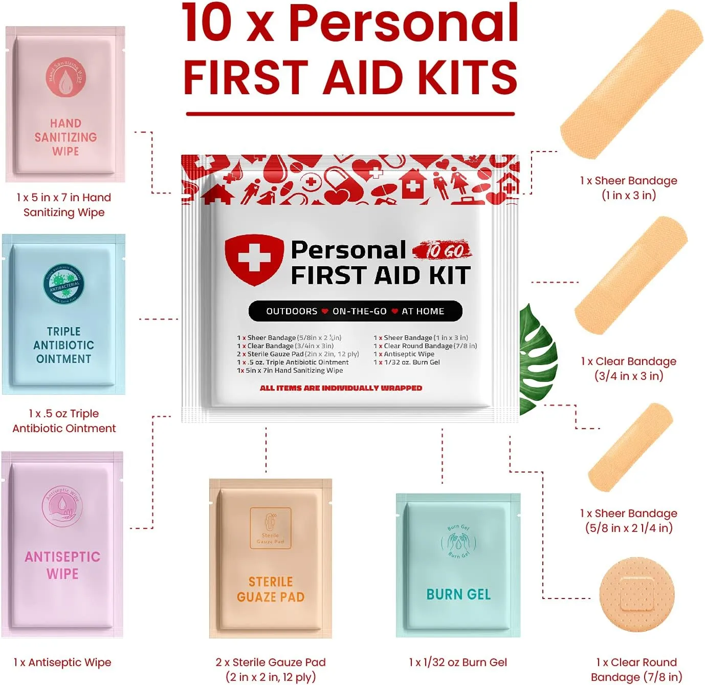 Portable Travel Size First Aid Kit - 10 Pack | Perfect for Home, Office, Car, School, Business, Travel, Hiking, Hunting, and Outdoors | Individually Wrapped First Aid Products (Red)