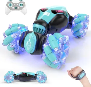 Powerextra LED Gesture RC Car, 4WD Hand Controlled Sensor RC Stunt Car for Age 8  Year Old Boys & Girls, Double Sided 360° Flips Off Road Remote Control Vehicle Toy with Lights & Music, Sensing Toy