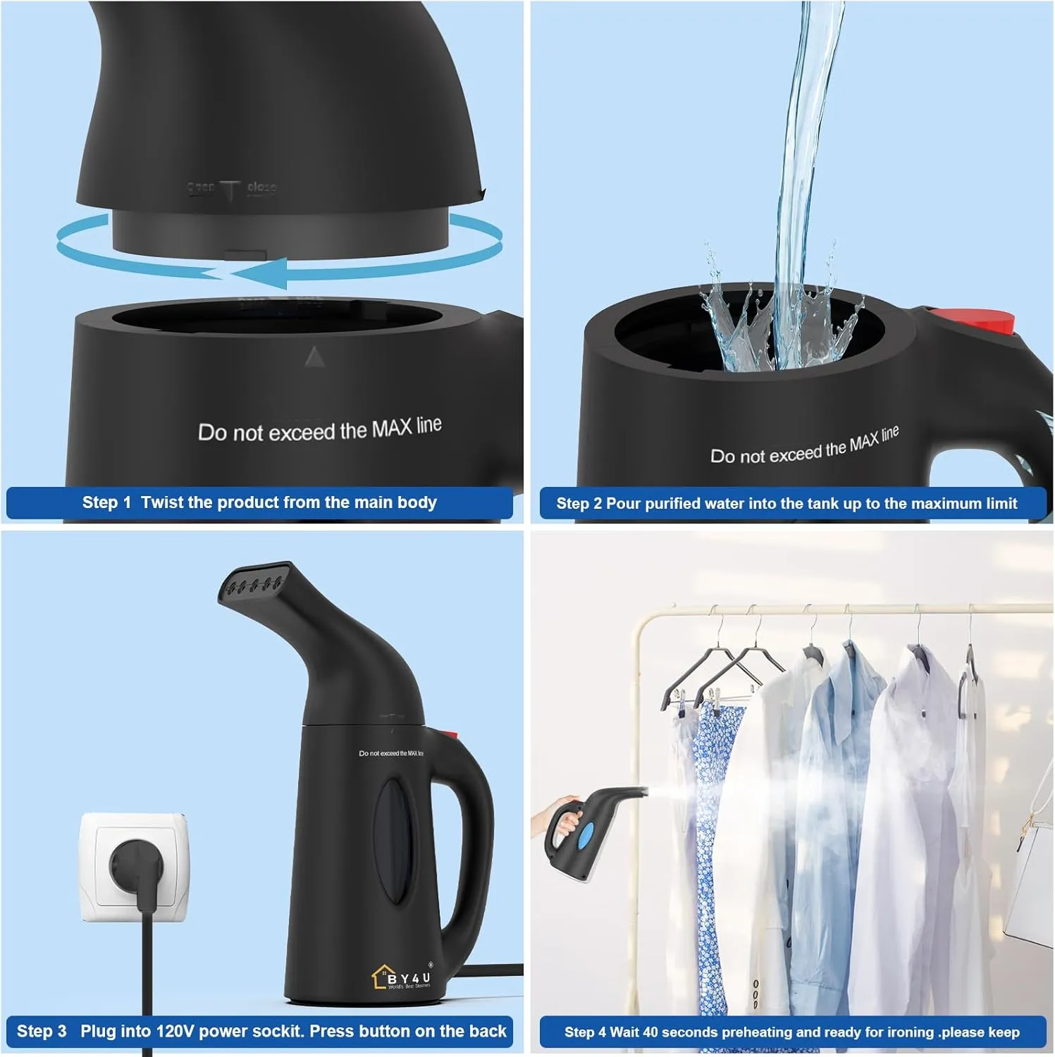 Powerful Travel Steamer for Clothes Handheld Clothing Steamer Handheld Garment Steamer Wrinkle Remover for Home and Travel Black
