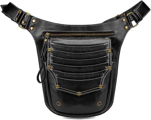Practical Steampunk Bags for Women Leather Waistbag Punk Male Tether Chest Bag Retro Motorcycle Leg Bag Travel Utility Belt (Black-BG010)