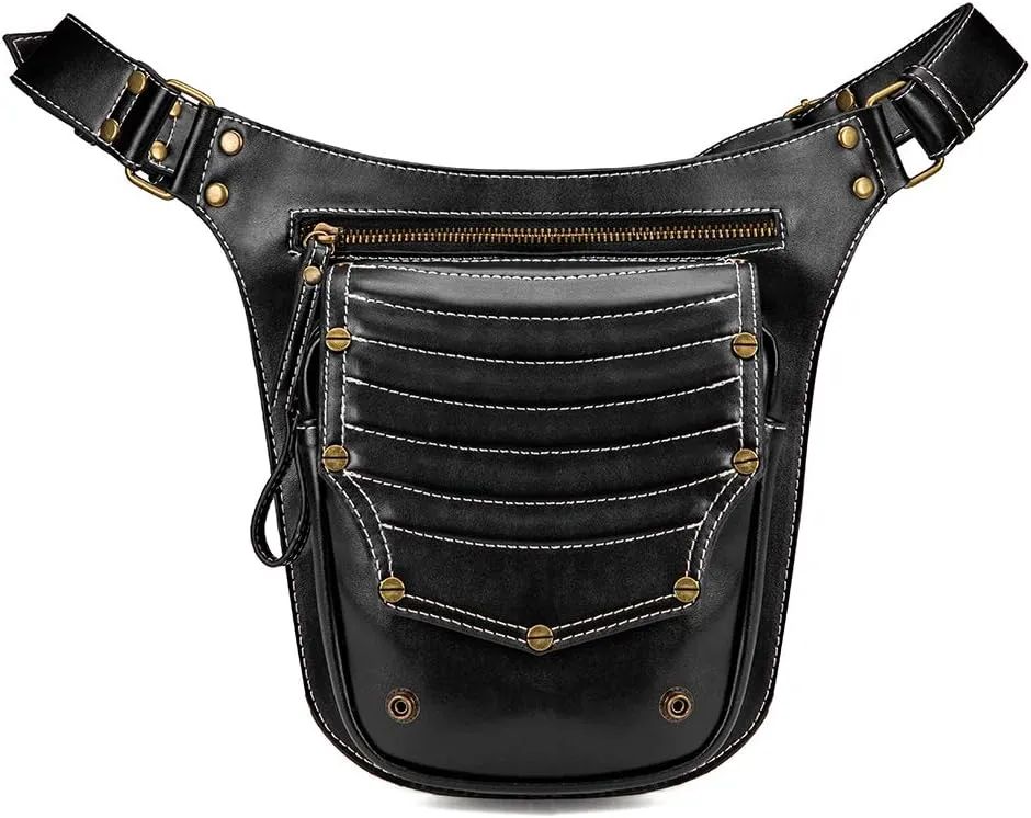 Practical Steampunk Bags for Women Leather Waistbag Punk Male Tether Chest Bag Retro Motorcycle Leg Bag Travel Utility Belt (Black-BG010)