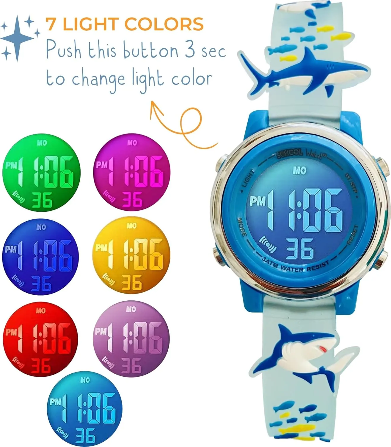 Preschool Collection Kids Digital Light Up Watch - Monster Trucks, Dinosaurs, Shark, Unicorn, Butterfly, Spider - Girls, Boys, Children, School
