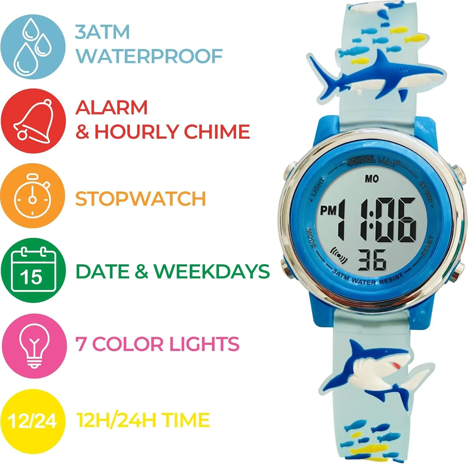 Preschool Collection Kids Digital Light Up Watch - Monster Trucks, Dinosaurs, Shark, Unicorn, Butterfly, Spider - Girls, Boys, Children, School