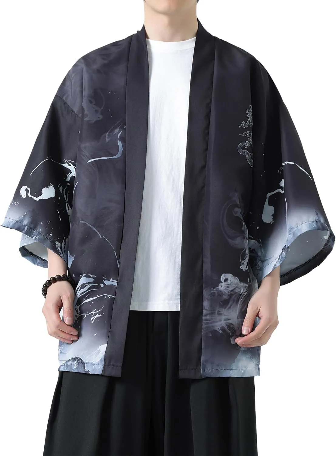 PRIJOUHE Men's Kimono Cardigan Jacket Japanese Style Flying Crane Seven Sleeves Open Front Coat