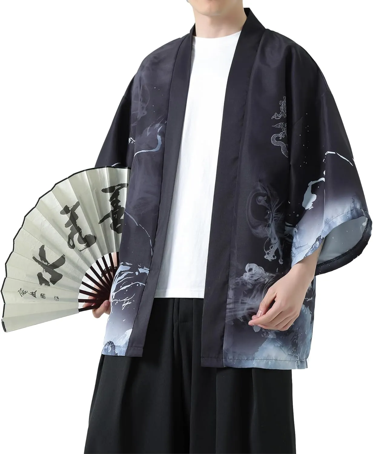 PRIJOUHE Men's Kimono Cardigan Jacket Japanese Style Flying Crane Seven Sleeves Open Front Coat