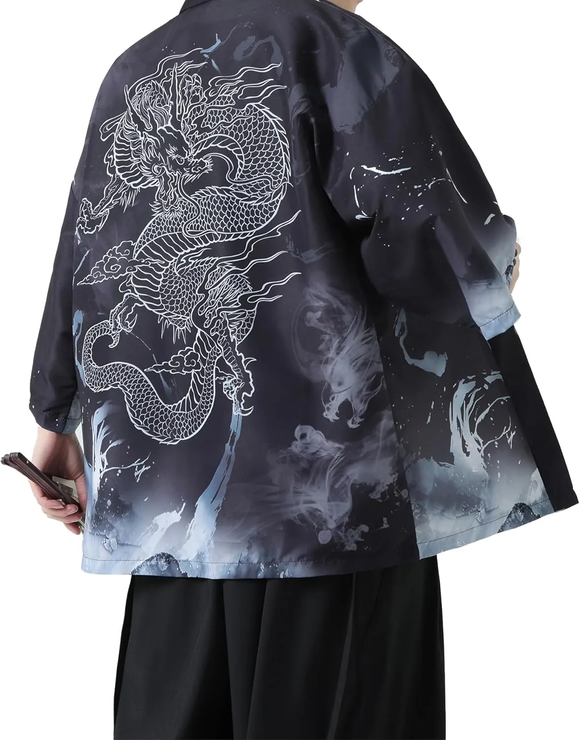 PRIJOUHE Men's Kimono Cardigan Jacket Japanese Style Flying Crane Seven Sleeves Open Front Coat