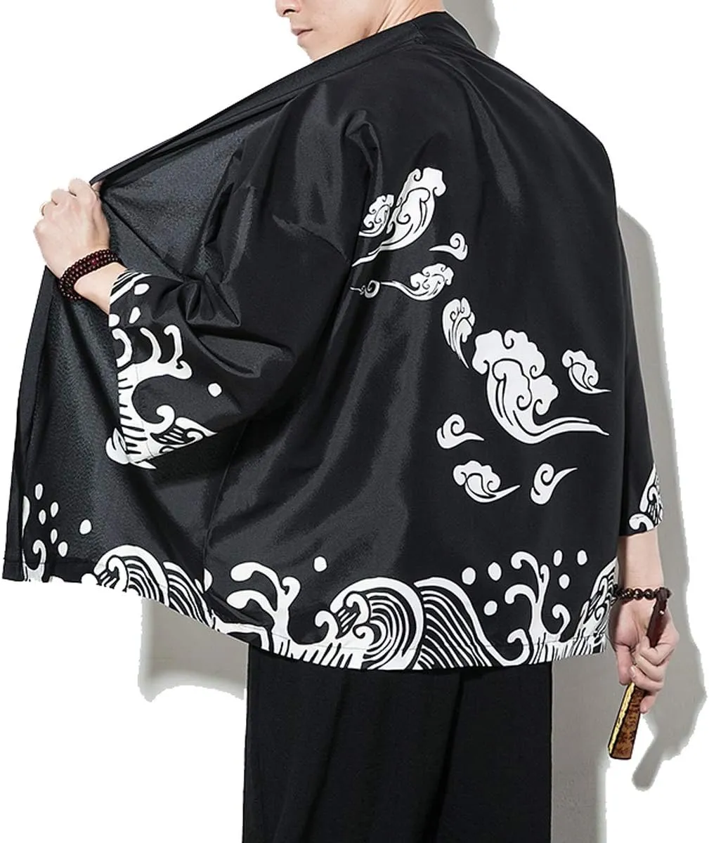 PRIJOUHE Men's Kimono Cardigan Jacket Japanese Style Flying Crane Seven Sleeves Open Front Coat
