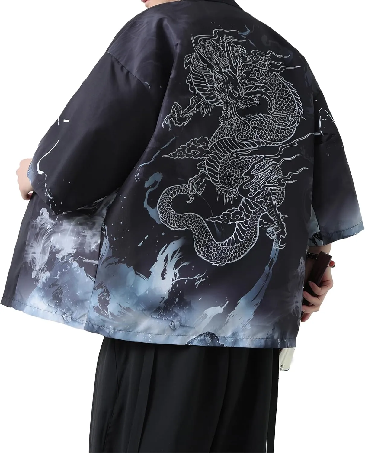 PRIJOUHE Men's Kimono Cardigan Jacket Japanese Style Flying Crane Seven Sleeves Open Front Coat