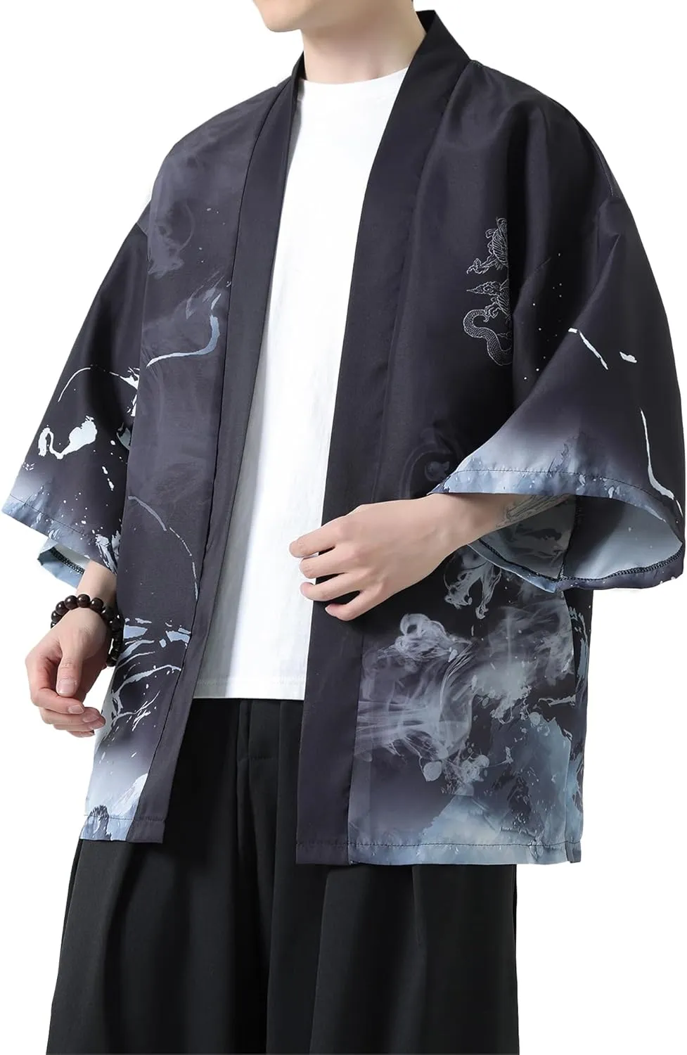 PRIJOUHE Men's Kimono Cardigan Jacket Japanese Style Flying Crane Seven Sleeves Open Front Coat