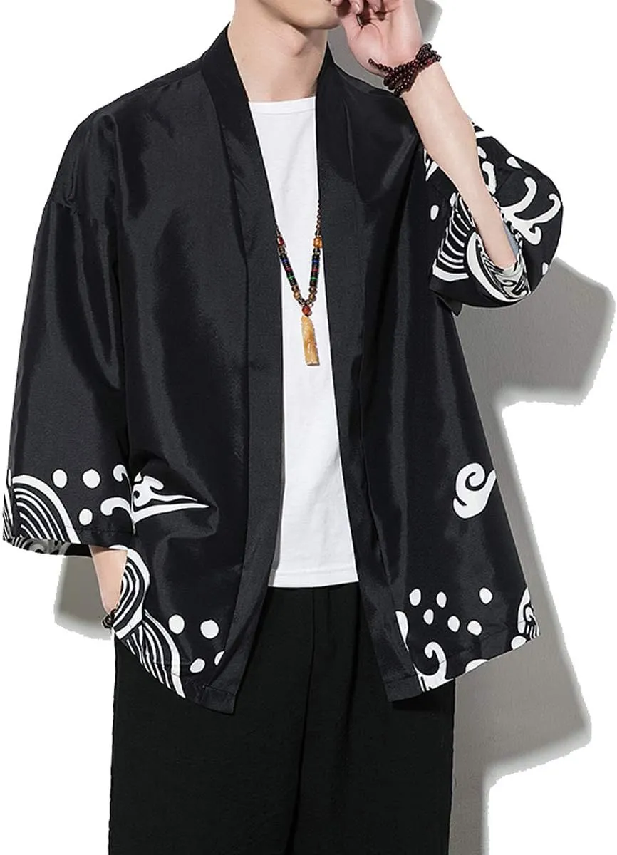 PRIJOUHE Men's Kimono Cardigan Jacket Japanese Style Flying Crane Seven Sleeves Open Front Coat