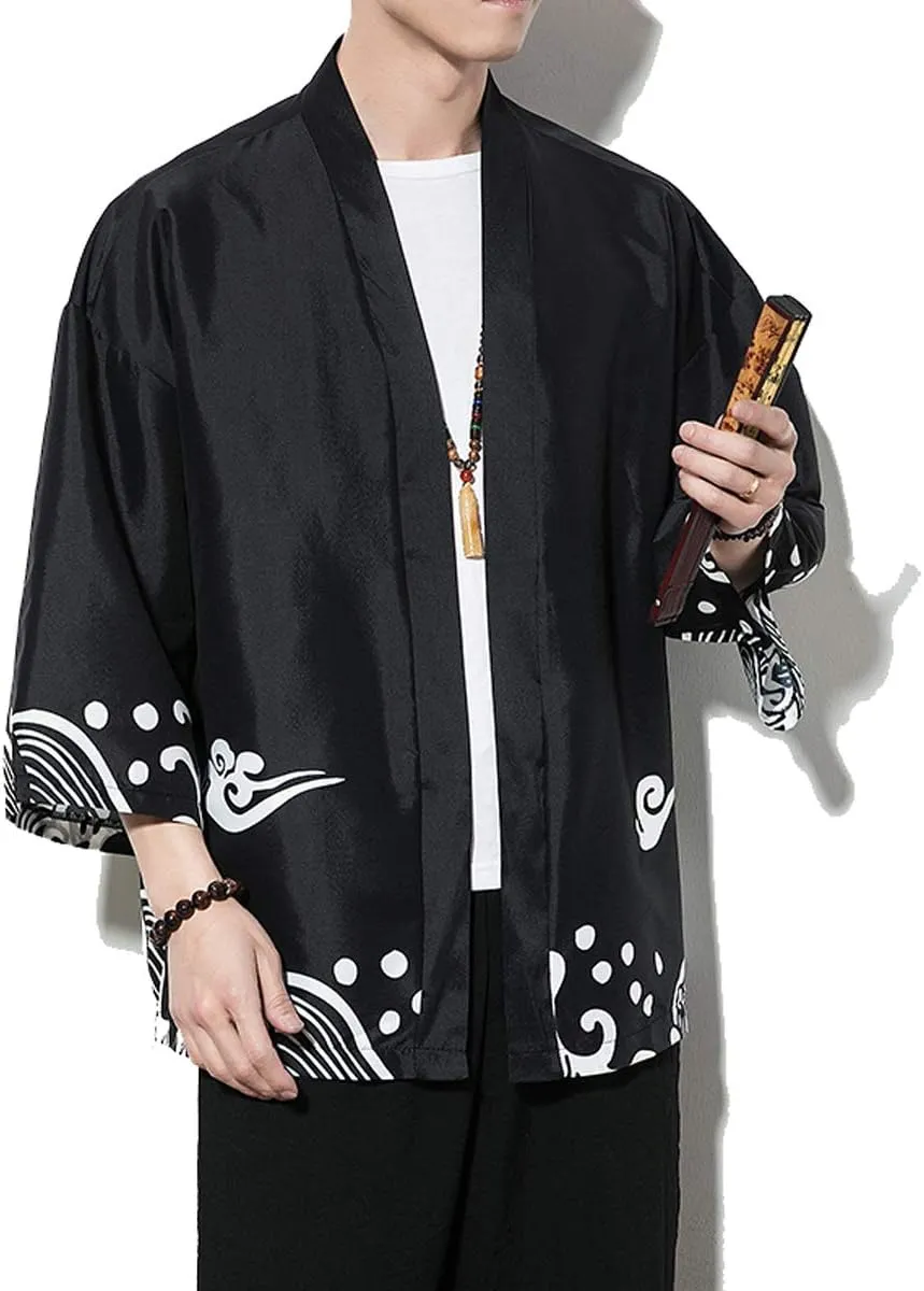 PRIJOUHE Men's Kimono Cardigan Jacket Japanese Style Flying Crane Seven Sleeves Open Front Coat
