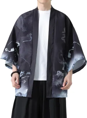 PRIJOUHE Men's Kimono Cardigan Jacket Japanese Style Flying Crane Seven Sleeves Open Front Coat