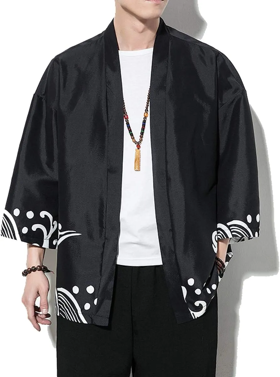 PRIJOUHE Men's Kimono Cardigan Jacket Japanese Style Flying Crane Seven Sleeves Open Front Coat