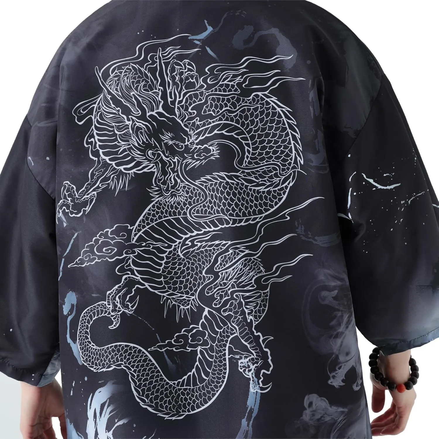 PRIJOUHE Men's Kimono Cardigan Jacket Japanese Style Flying Crane Seven Sleeves Open Front Coat