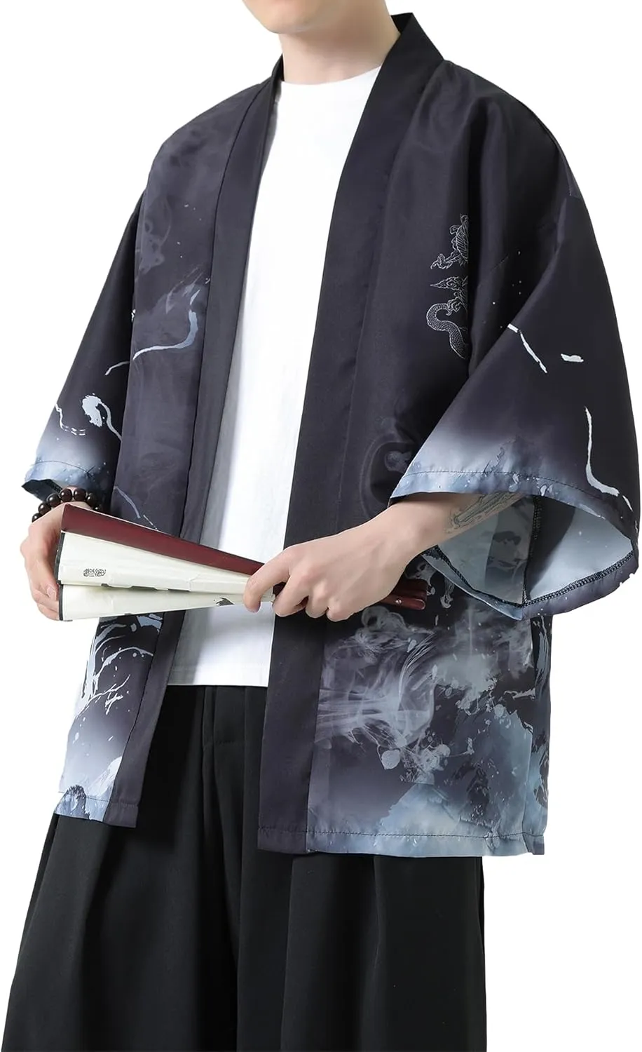 PRIJOUHE Men's Kimono Cardigan Jacket Japanese Style Flying Crane Seven Sleeves Open Front Coat