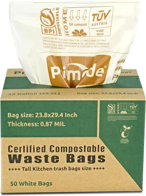 Primode Compostable Bags, 13 Gallon Food Scraps Yard Waste Bags, 50 Count, Extra Thick 0.87 Mil. ASTMD6400 Compost Bags Small Kitchen Trash Bags, Certified By BPI And TÜV AUSTRIA