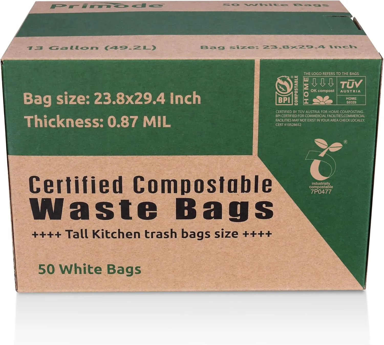 Primode Compostable Bags, 13 Gallon Food Scraps Yard Waste Bags, 50 Count, Extra Thick 0.87 Mil. ASTMD6400 Compost Bags Small Kitchen Trash Bags, Certified By BPI And TÜV AUSTRIA