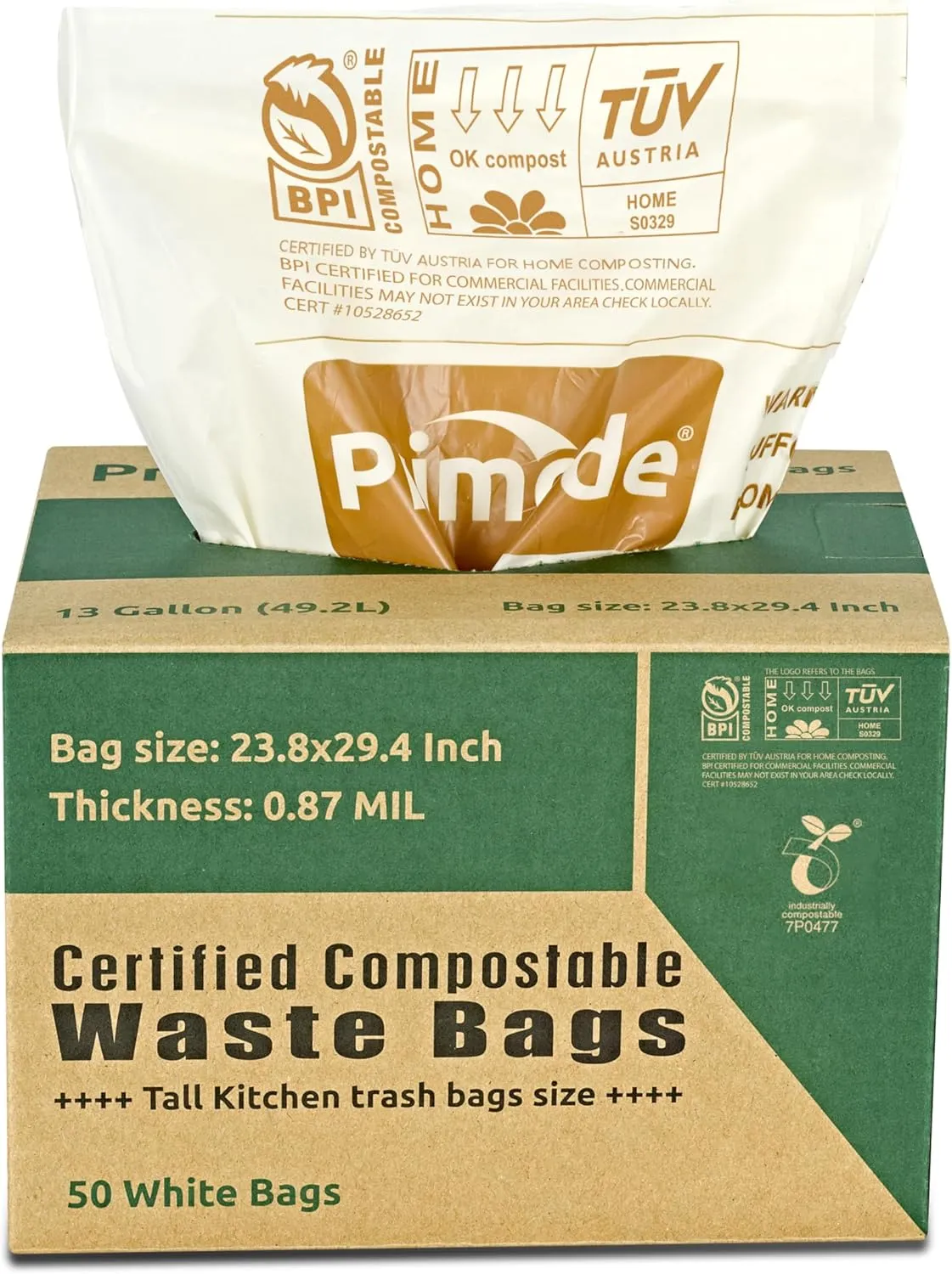 Primode Compostable Bags, 13 Gallon Food Scraps Yard Waste Bags, 50 Count, Extra Thick 0.87 Mil. ASTMD6400 Compost Bags Small Kitchen Trash Bags, Certified By BPI And TÜV AUSTRIA