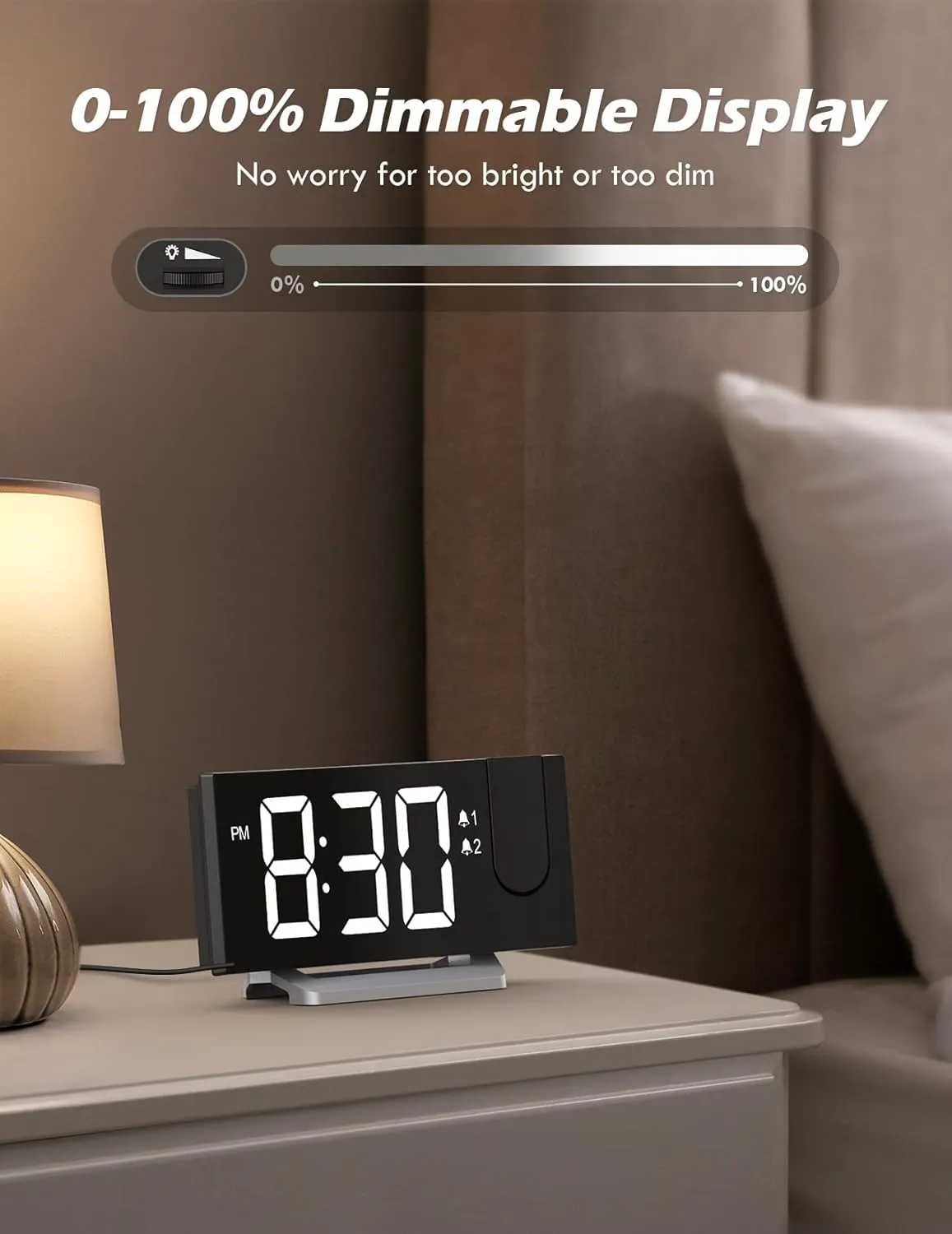 Projection Alarm Clock with FM Radio, USB Charging Port, 0-100% Dimmer, Dual Alarms, HD LED Display, 30 Preset Stations, Sleep Timer, 5 Alarm Sounds, Snooze, Curved Screen, Digital Clock for Bedroom