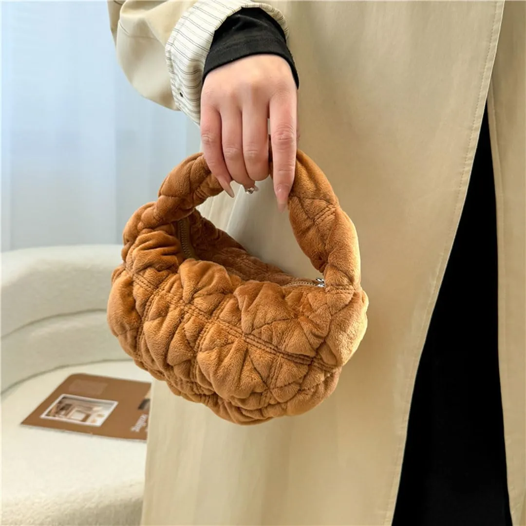 Puffer Bag for Women Mini Bubble Purse Velvet Clutch Lightweight Puffy Handbag Quilted Tote Bag Crescent Carryall Bag