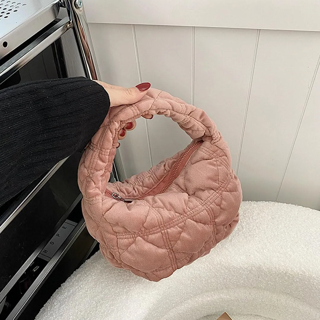 Puffer Bag for Women Mini Bubble Purse Velvet Clutch Lightweight Puffy Handbag Quilted Tote Bag Crescent Carryall Bag