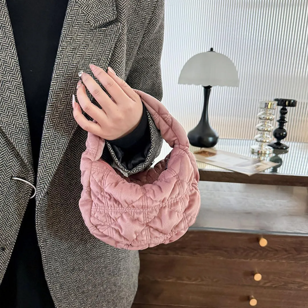 Puffer Bag for Women Mini Bubble Purse Velvet Clutch Lightweight Puffy Handbag Quilted Tote Bag Crescent Carryall Bag