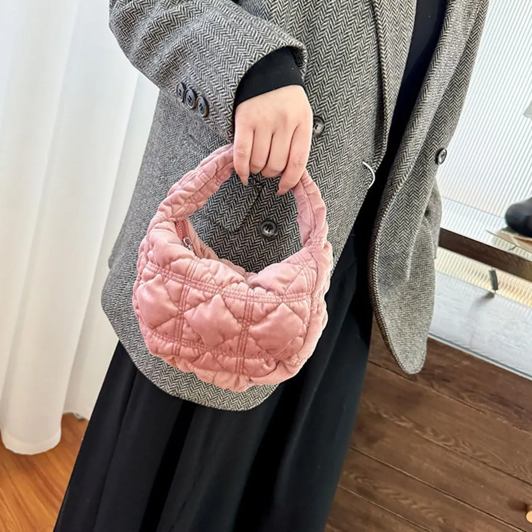 Puffer Bag for Women Mini Bubble Purse Velvet Clutch Lightweight Puffy Handbag Quilted Tote Bag Crescent Carryall Bag
