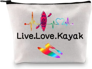 PXTIDY Kayaker Kayaking Gift Beach Kayak Canoe Lover Cosmetic Bag Live Love Kayak Canvas Zipper Bag For Kayak Kayaker Coach Canoeist Sailors Swimmer (Beige)