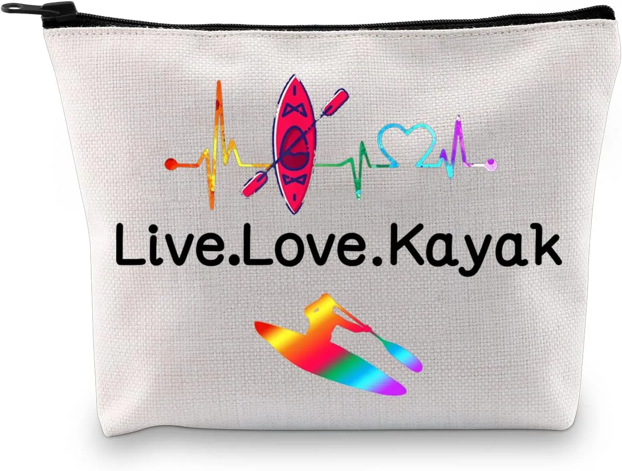PXTIDY Kayaker Kayaking Gift Beach Kayak Canoe Lover Cosmetic Bag Live Love Kayak Canvas Zipper Bag For Kayak Kayaker Coach Canoeist Sailors Swimmer (Beige)