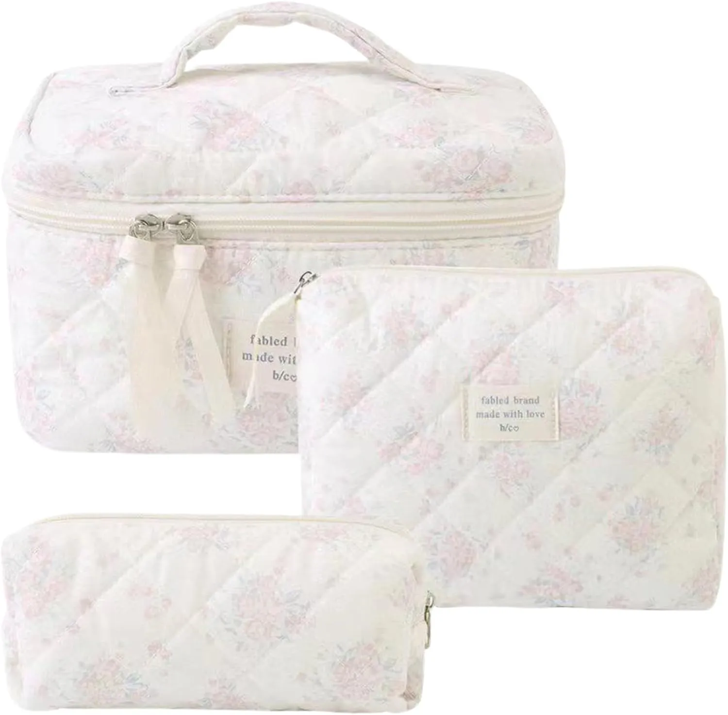 Quilted Makeup Bag, 3PCS Large Capacity Floral Cosmetic Bag, Waterproof Cotton Makeup, Foldable Cute with Zipper ＆ Handle for Women, Travel, Cosmetic Bags for Women