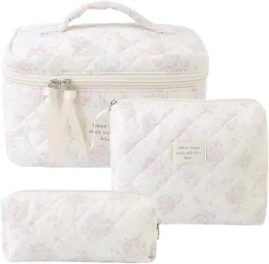 Quilted Makeup Bag, 3PCS Large Capacity Floral Cosmetic Bag, Waterproof Cotton Makeup, Foldable Cute with Zipper ＆ Handle for Women, Travel, Cosmetic Bags for Women