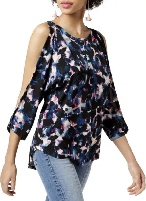 RACHEL Rachel Roy Womens Printed Split Sleeves Blouse Black M