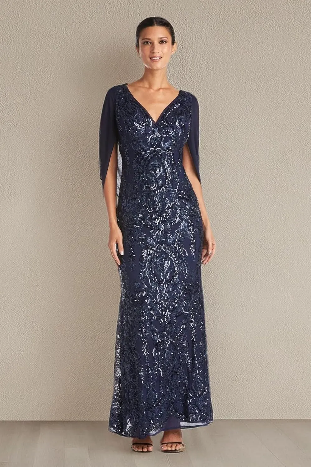 R&M Richards Elegant Beaded Long Gown W/Draped Sleeves & V-Neckline